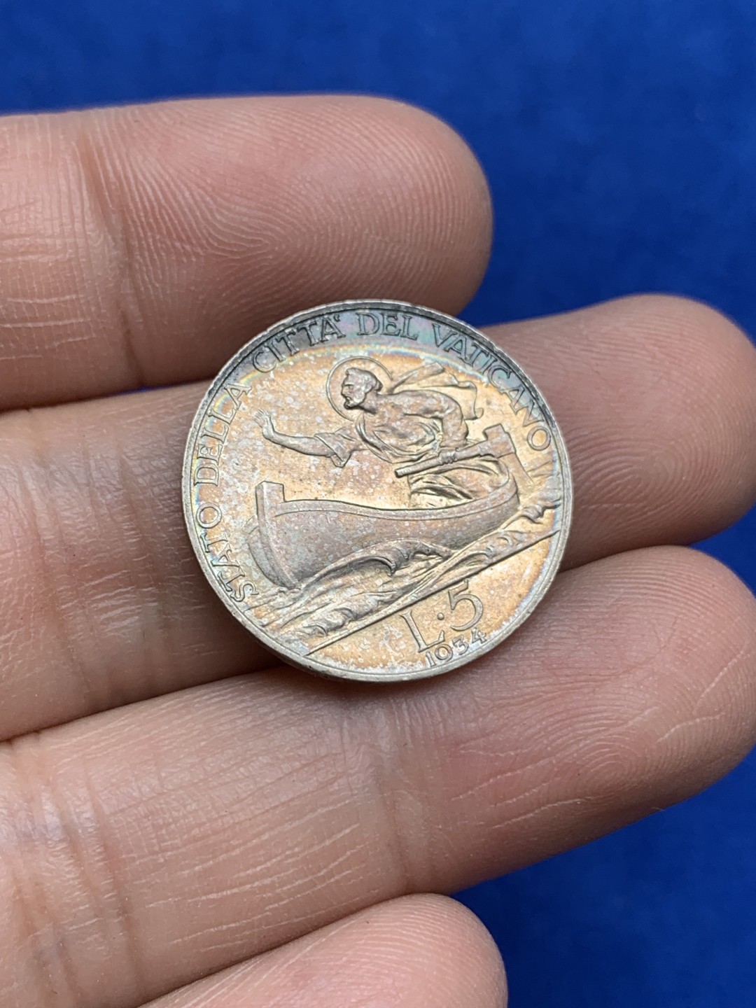 《竞宝斋》三少爷老婆本专场-第156场 (全场包邮) 梵蒂冈1934年5里拉银币，月牙彩包浆