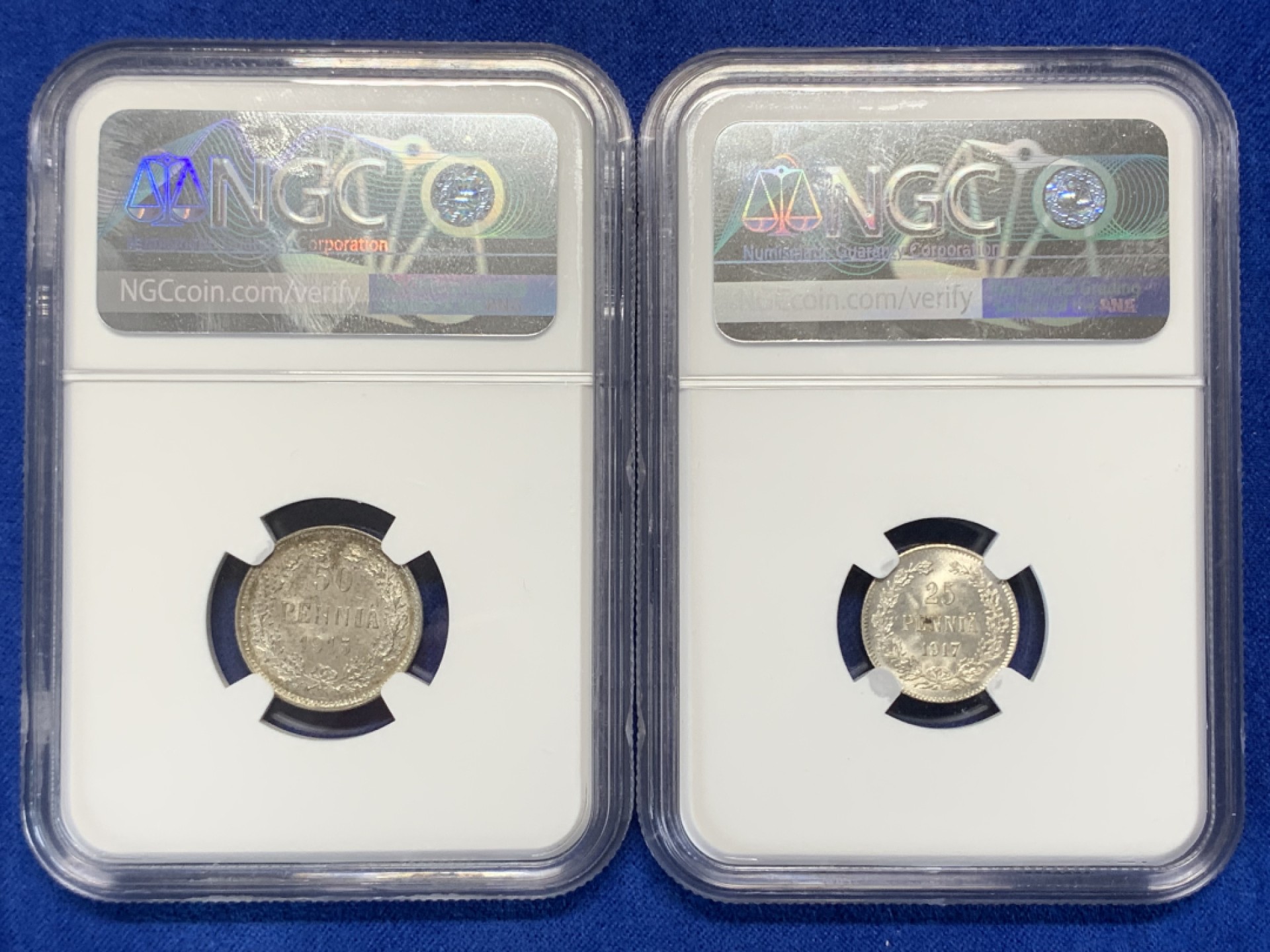 《竞宝斋》三少爷老婆本专场-第156场 (全场包邮) NGC MS64 俄占芬兰1917年、1915年25盆尼、50盆尼小银币一对