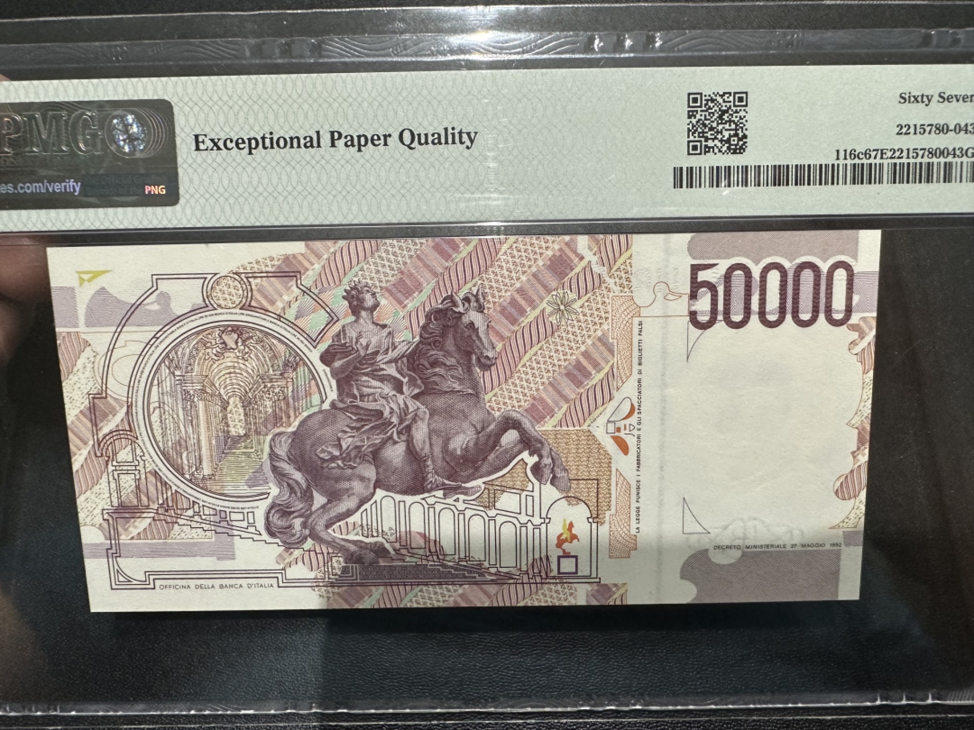 《外钞收藏家》第二百六十三期（连拍第一场） 1992年意大利5万里拉 PMG67 无47