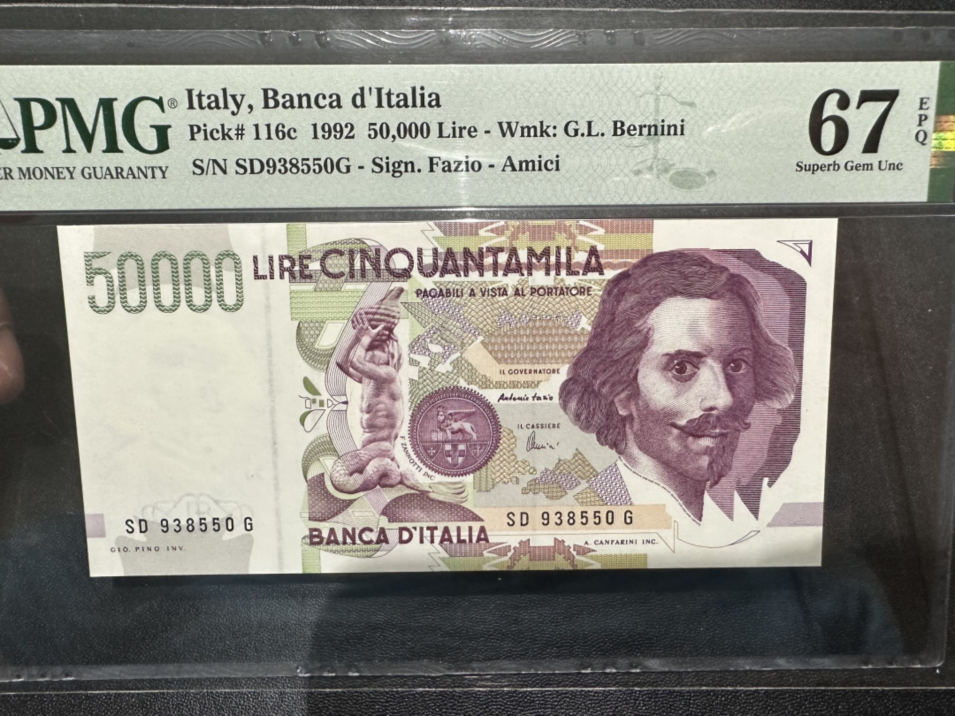 《外钞收藏家》第二百六十三期（连拍第一场） 1992年意大利5万里拉 PMG67 无47