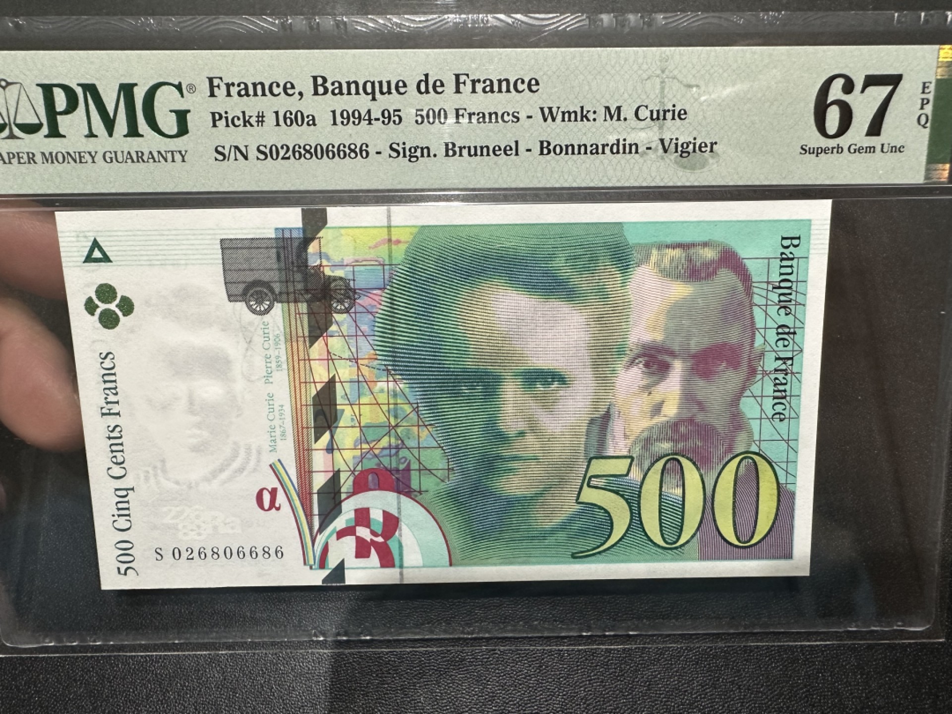 《外钞收藏家》第二百六十三期（连拍第一场） 1994年法国末版500法郎 PMG67 无47靓号