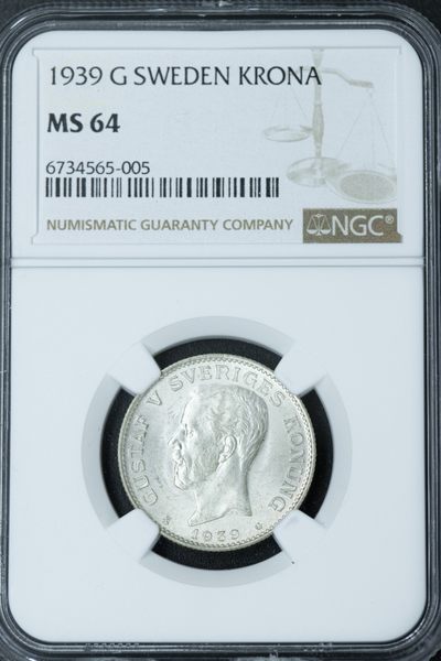 火彩社世界各国NGC评级币、裸币专场拍卖 无底0佣金 - NGC MS64 瑞典 古斯塔夫五世 1939-G 1克朗银币