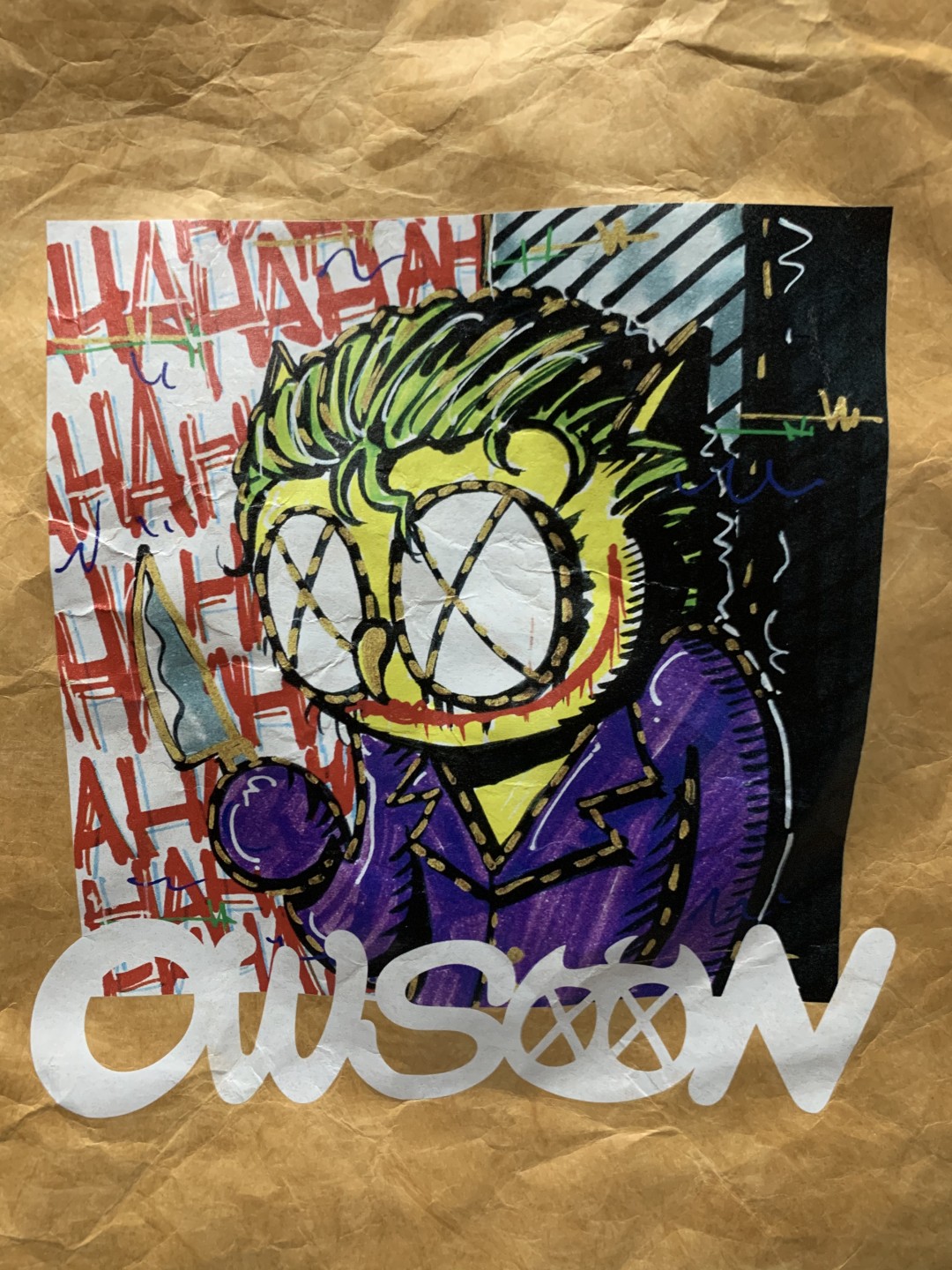零元拍：展会热卖款，歪歪 OWSON系列杜邦纸手提袋  复古牛皮色防水洗杜邦环保潮流手袋《小丑》，尺寸约35/38.5CM。