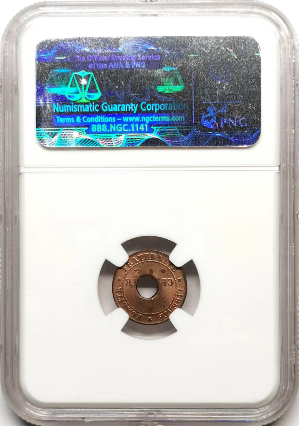 凡希社世界钱币微拍第二百三十六期 1875K法属交趾支那1S中孔铜元NGC-MS63铜光充沛！