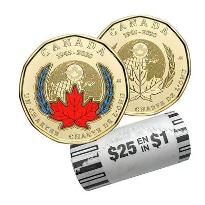 【海寧潮现货】加拿大2020联合国宣章75周年纪念币混装25枚整卷，原价699，外卷纸有破损