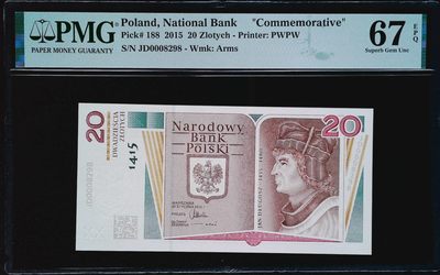 《家喻户晓》世界靓号纸钞第十七期 - 2015年波兰20兹罗提德戈乌什纪念钞 无347尾8 PMG67 这张是波兰纪念钞中发行量最少的 只有30000张