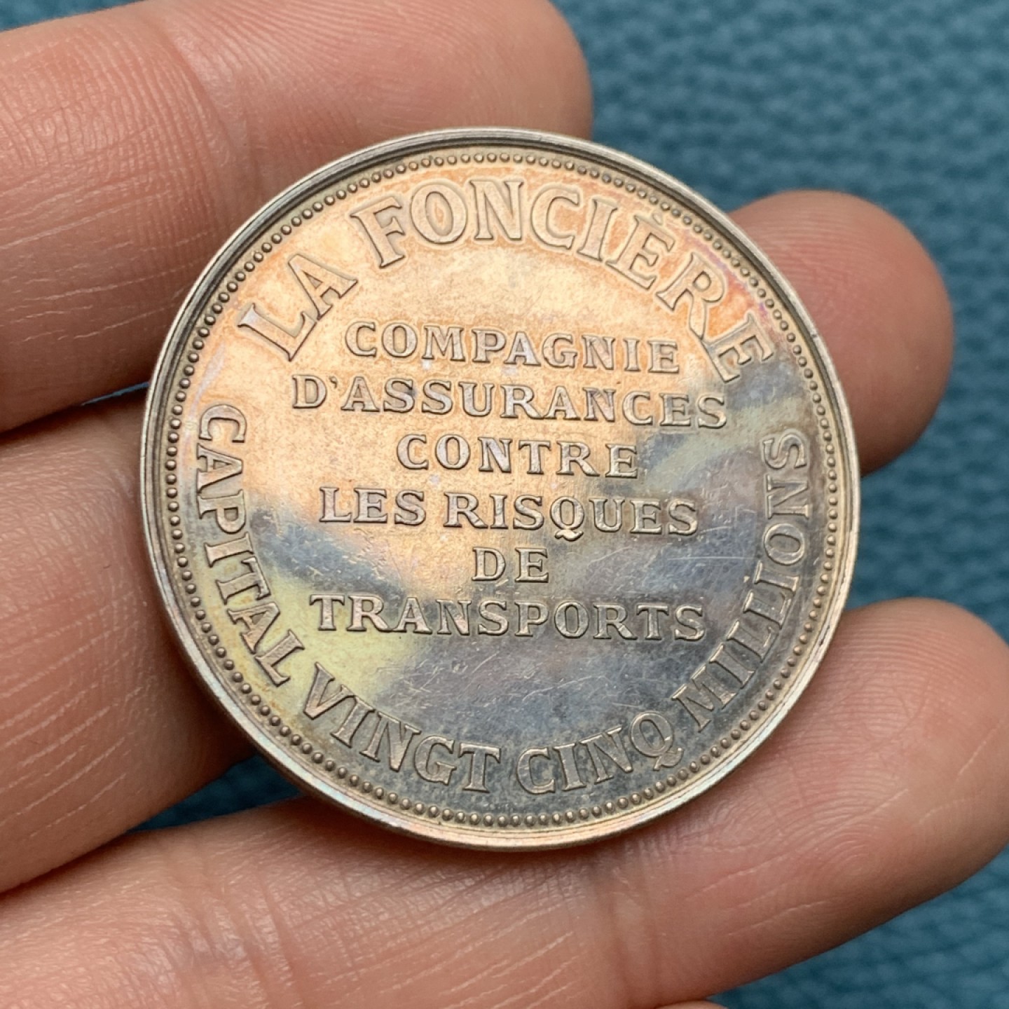 《竞宝斋》第157场-法国八角与章 专场！周日，周一，周四 3场 (全场包邮) 法国银章，陆路运输保险，22.09g，36.8mm，丰饶角边铭