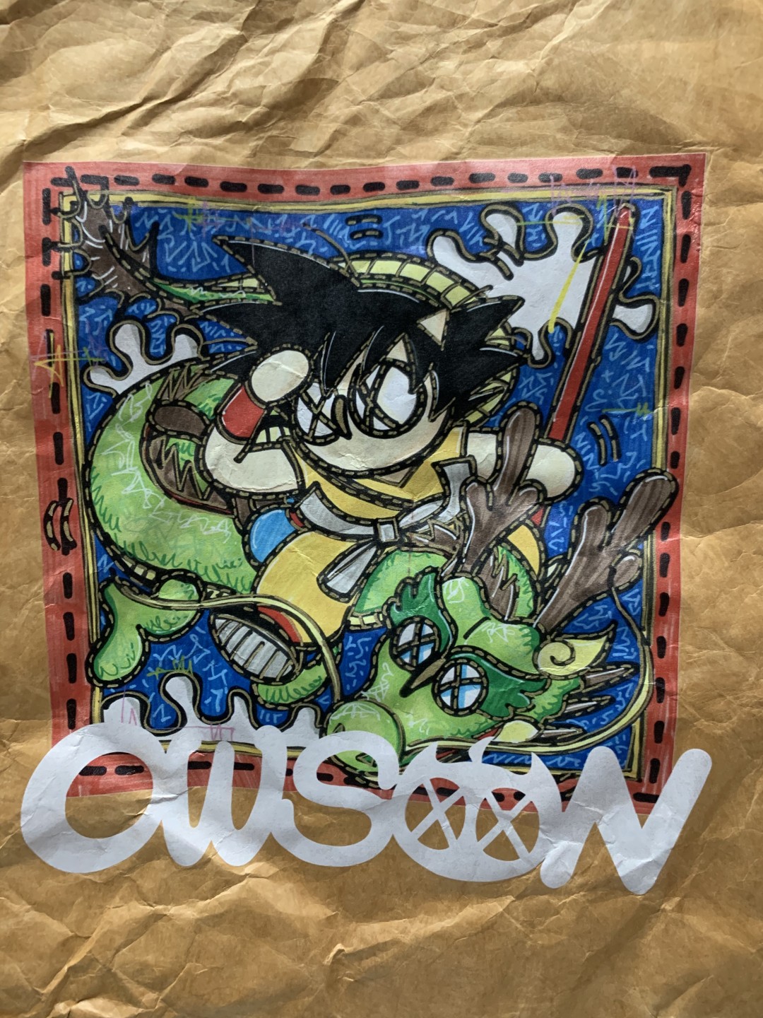 零元拍：展会热卖款，歪歪 OWSON系列杜邦纸手提袋  复古牛皮色防水洗杜邦环保潮流手袋《龙珠》，尺寸约35/38.5CM。