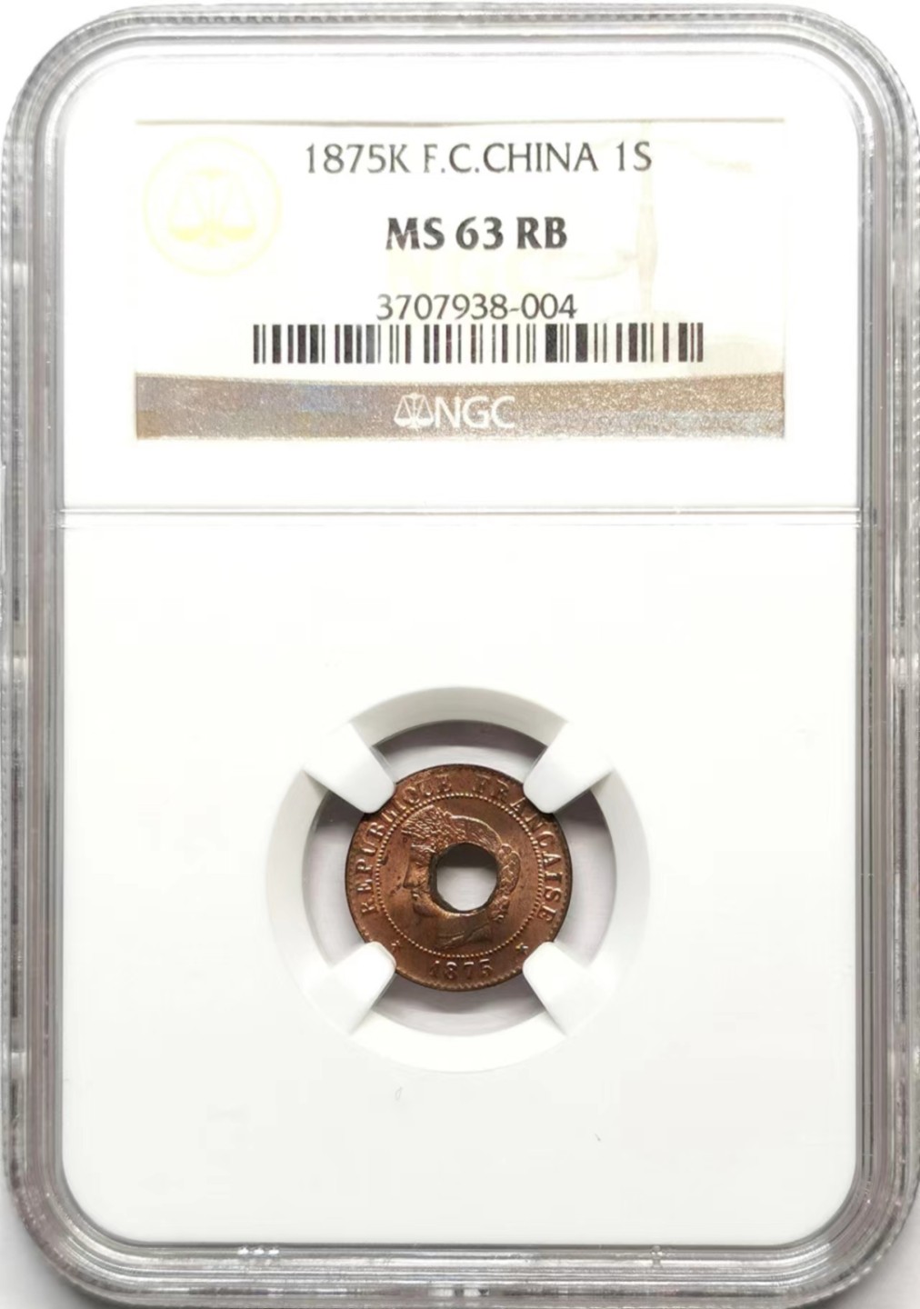 凡希社世界钱币微拍第二百三十六期 1875K法属交趾支那1S中孔铜元NGC-MS63铜光充沛！