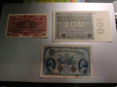 【专场20230419】西风东渐第XV期——欧洲钞/币专场 - 【拍品001B67E33】欧洲二战前纸币三张批量流通品相（德国1亿马克AUNC）