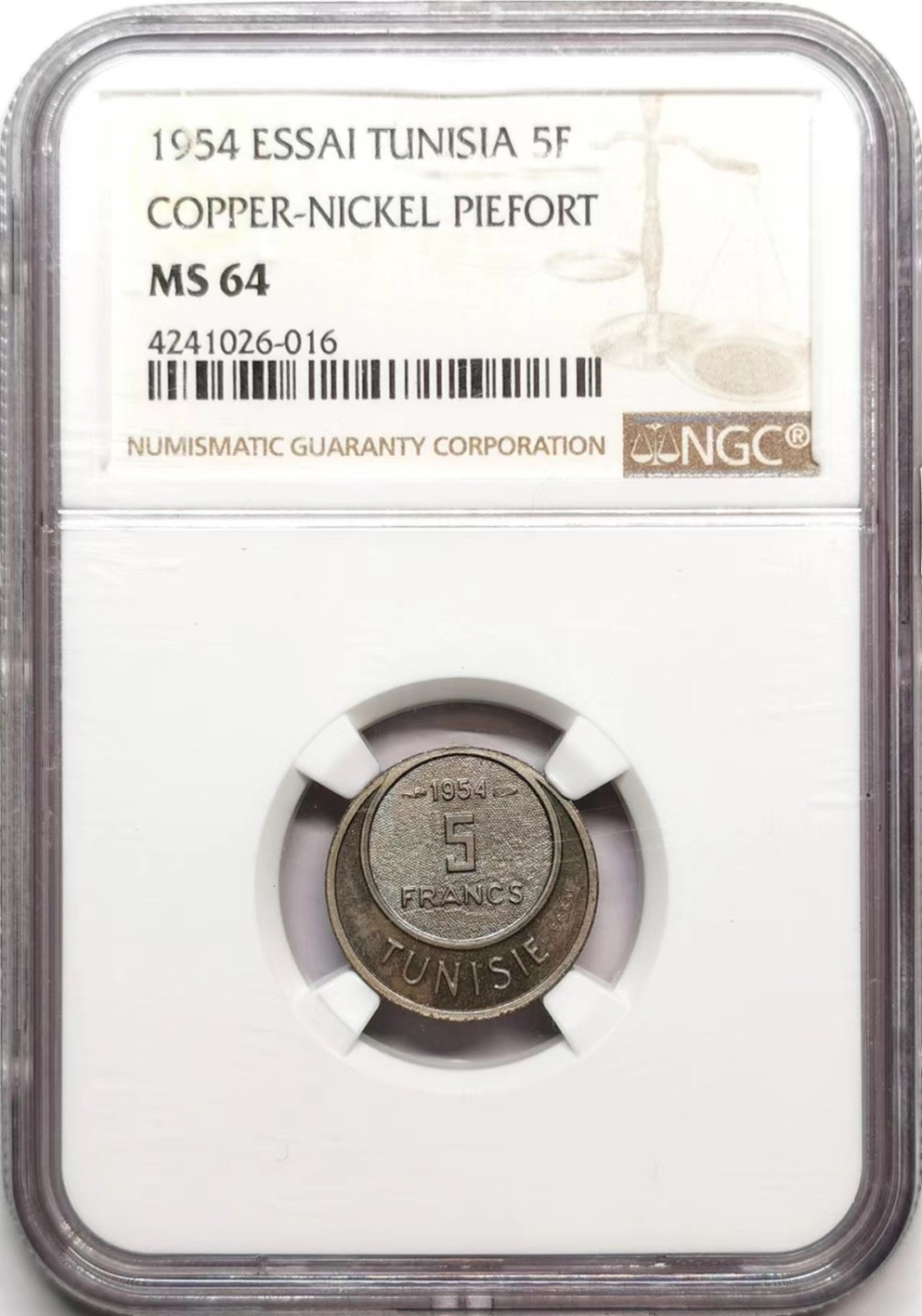 凡希社世界钱币微拍第二百三十六期 1954突尼斯5法郎加厚样币NGC-MS64