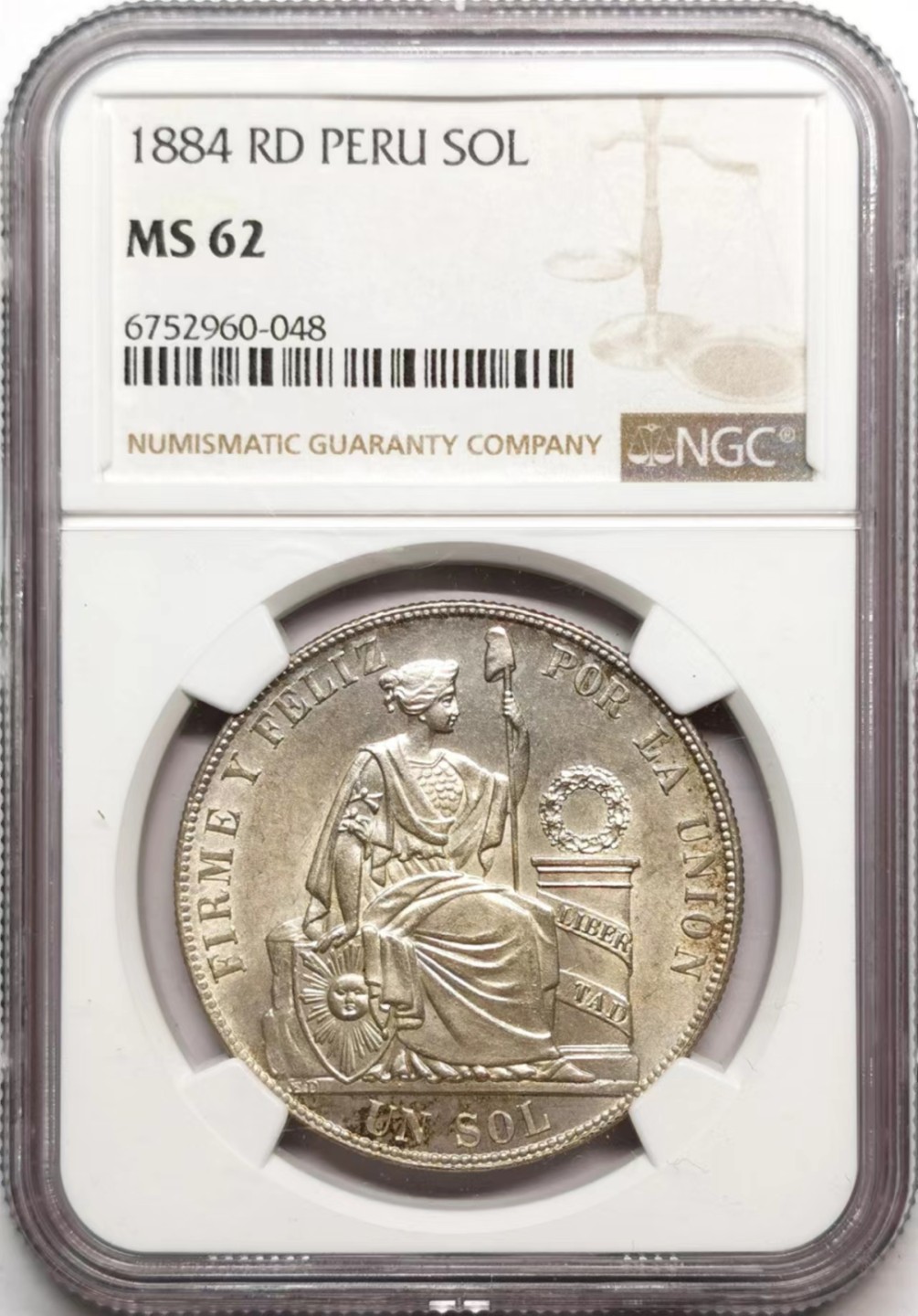 凡希社世界钱币微拍第二百三十六期 1884秘鲁座人8SOL大银NGC-MS62淡色黄光！