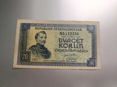 【专场20230419】西风东渐第XV期——欧洲钞/币专场 - 【拍品004】捷克斯洛伐克1945版20克朗流通品相