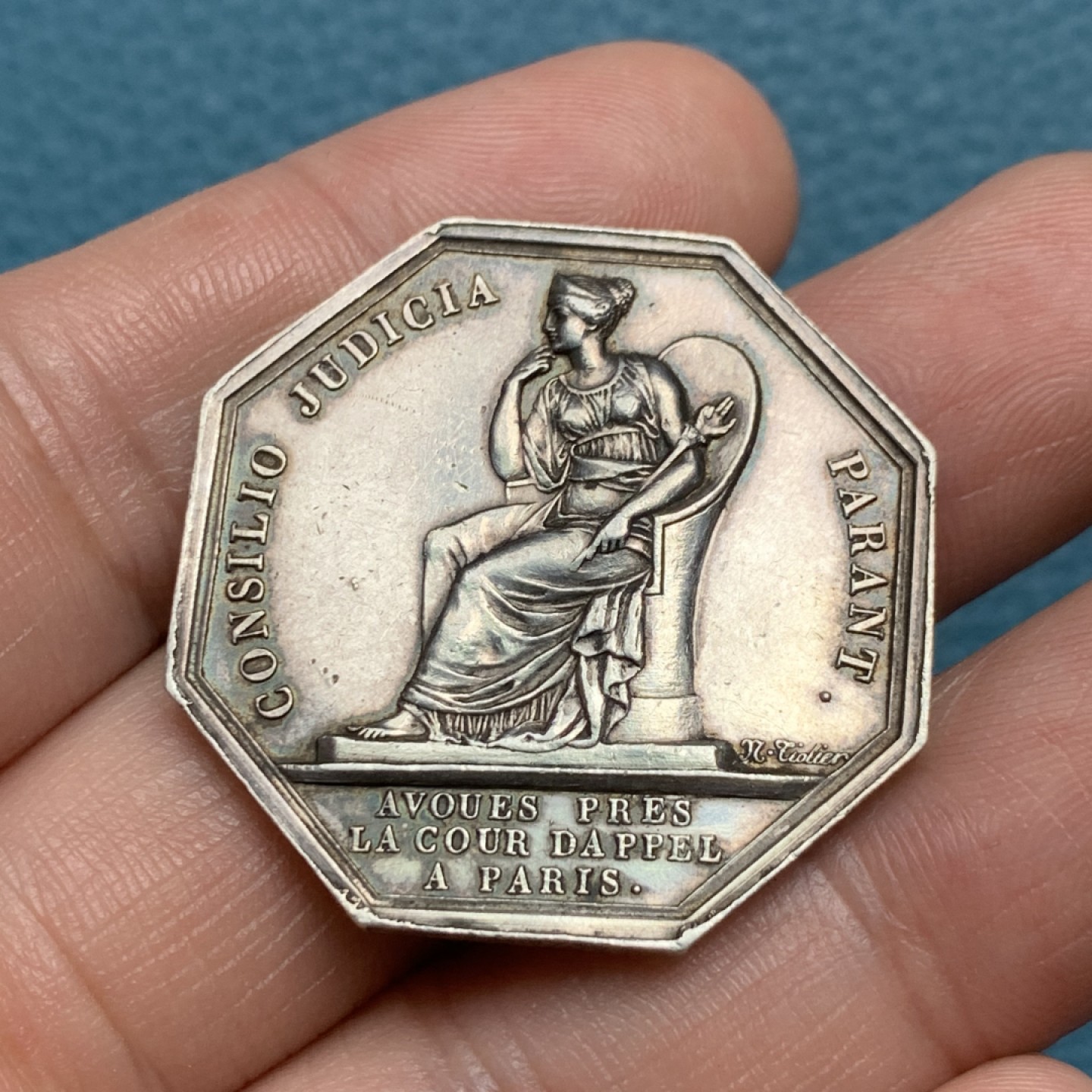 《竞宝斋》第157场-法国八角与章 专场！周日，周一，周四 3场 (全场包邮) 法国八角银质代币，上诉法院和法律辩护，16.71g，33.6mm，蜜蜂边铭