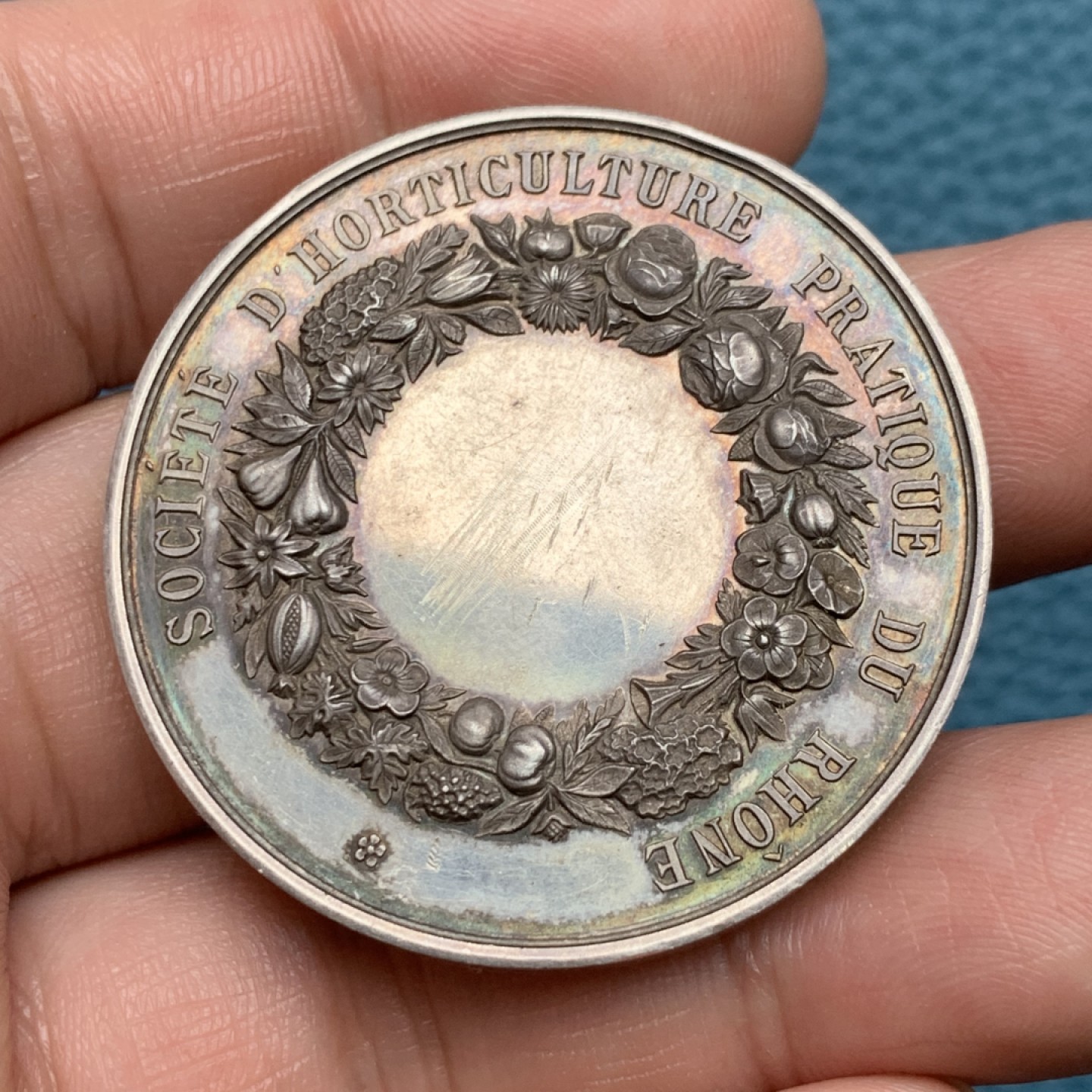 《竞宝斋》第157场-法国八角与章 专场！周日，周一，周四 3场 (全场包邮) 法国银章，园艺协会，37.74g，41.2mm，蜜蜂边铭，老包浆