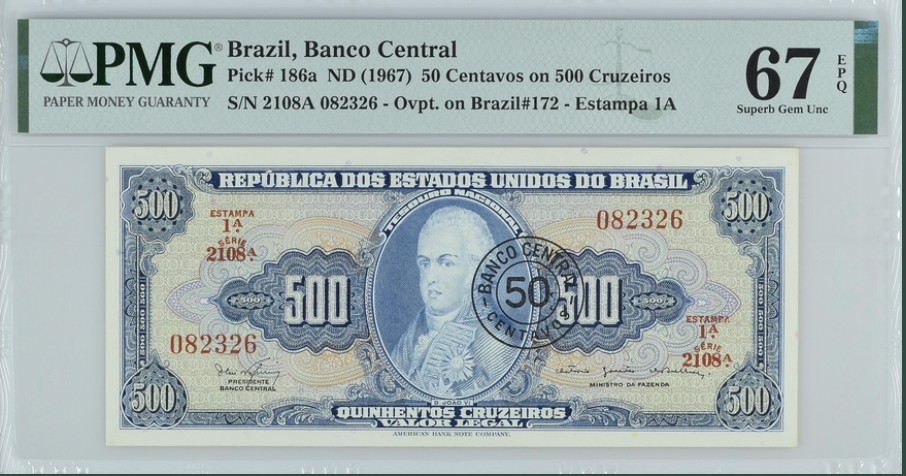 收藏联盟Quantum Auction 第253期拍卖  巴西1967年加盖50分 PMG67 冠军分