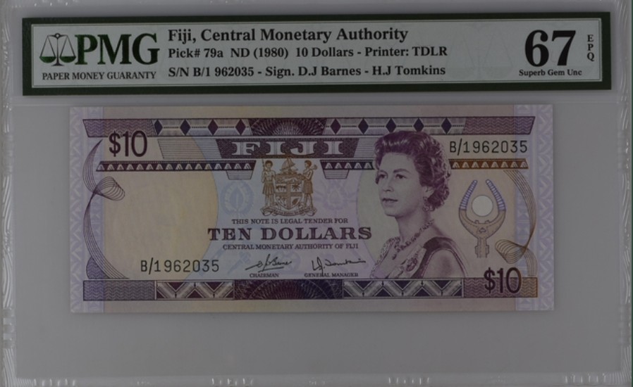 收藏联盟Quantum Auction 第253期拍卖  斐济群岛1980年10元 PMG67 