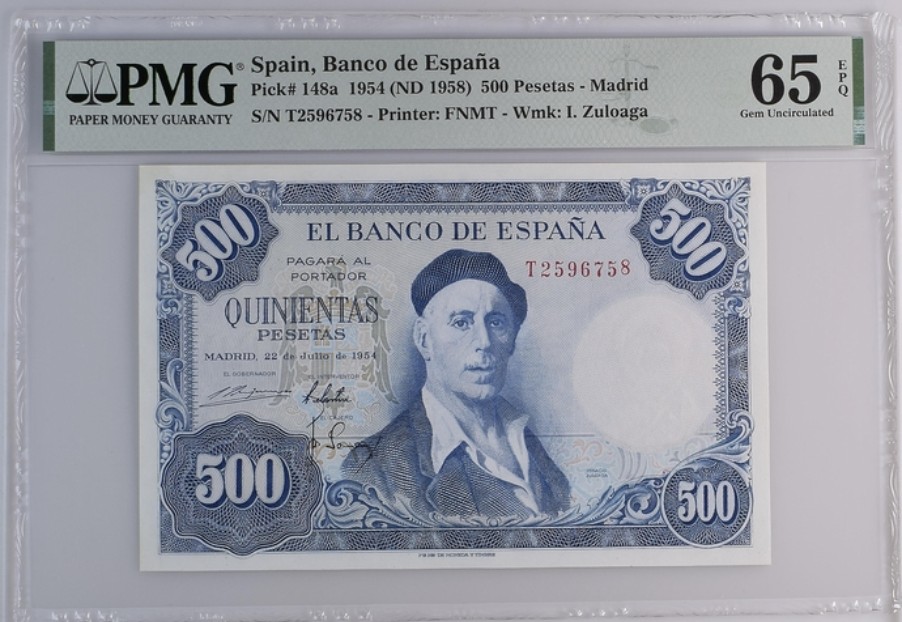 收藏联盟Quantum Auction 第253期拍卖  西班牙1954年500比塞塔 PMG65 画家苏洛阿加和西班牙古城托莱多
