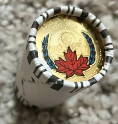 【海寧潮现货】加拿大2020联合国宣章75周年纪念币混装25枚整卷，原价699，外卷纸有破损