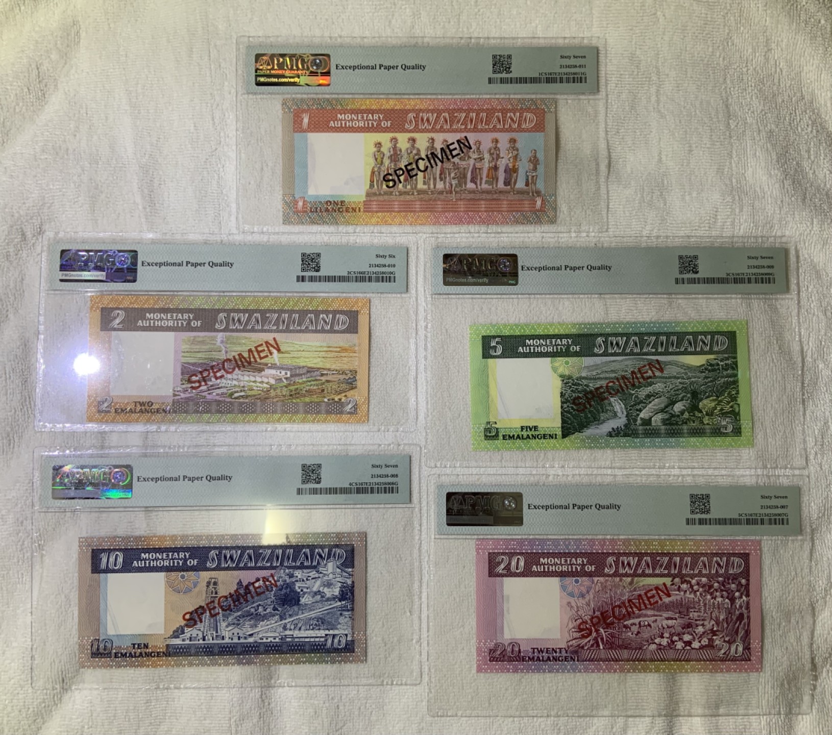 收藏联盟Quantum Auction 第253期拍卖  斯威士兰1974年1-20里兰吉尼同号收藏样票 PMG67 限量发行 老国王版本