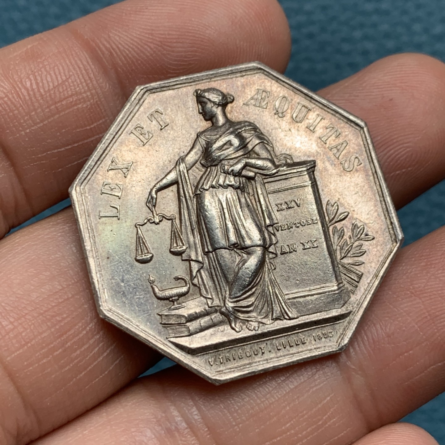 《竞宝斋》第157场-法国八角与章 专场！周日，周一，周四 3场 (全场包邮) 法国八角银质代币，里尔地区公证人，19.43g，34.7mm，丰饶角边铭