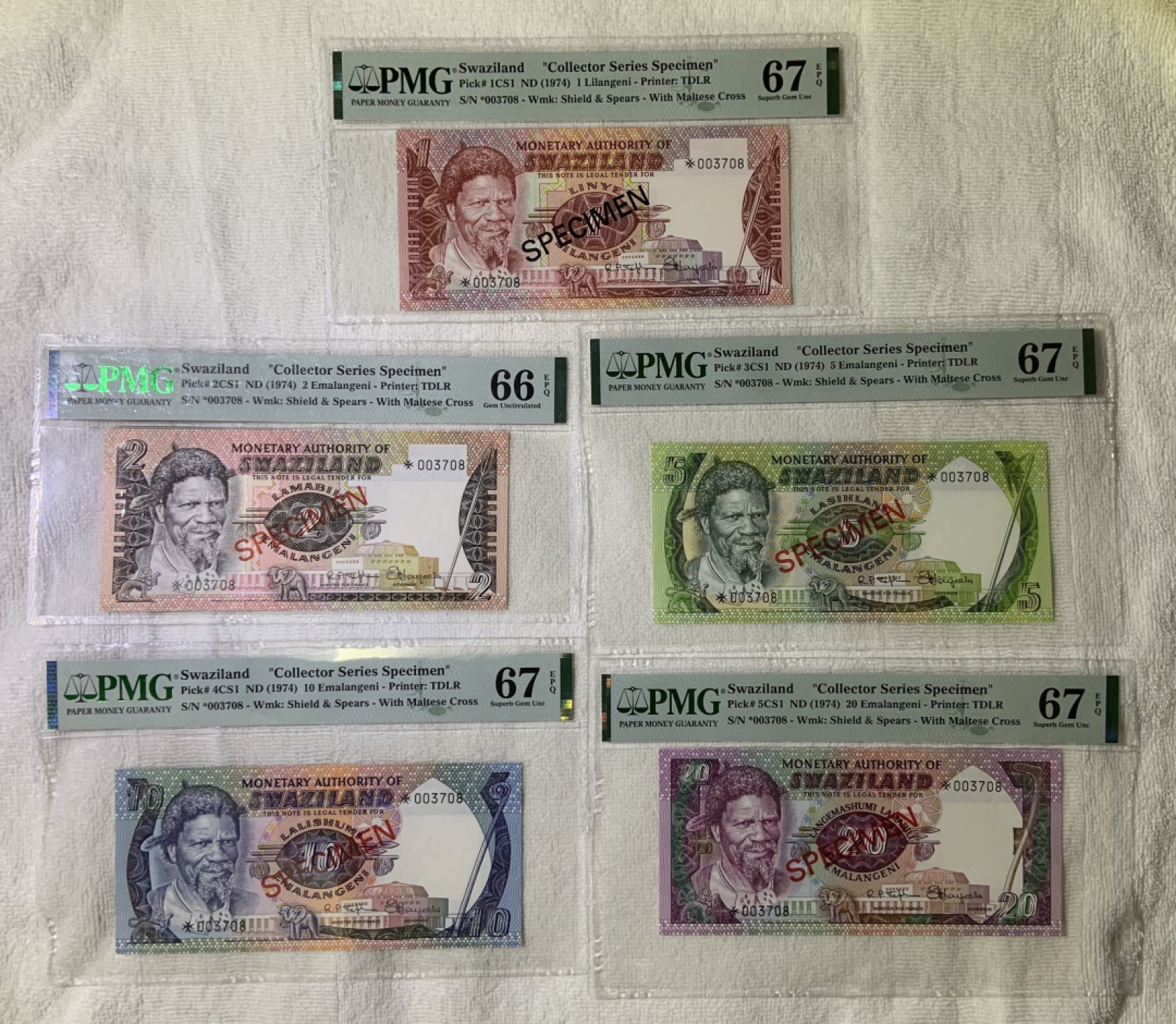 收藏联盟Quantum Auction 第253期拍卖  斯威士兰1974年1-20里兰吉尼同号收藏样票 PMG67 限量发行 老国王版本