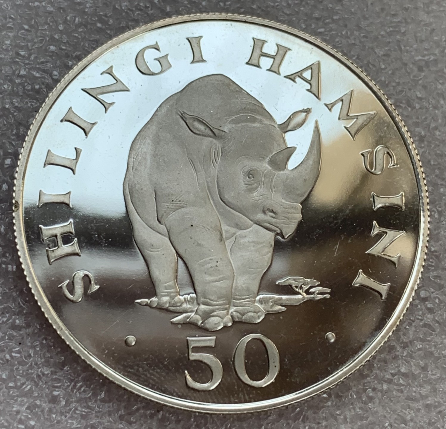 瓶子🏺第88期拍卖会 坦桑尼亚1974年50先令银币 珍稀动物犀牛 特大超重精制镜面 35克