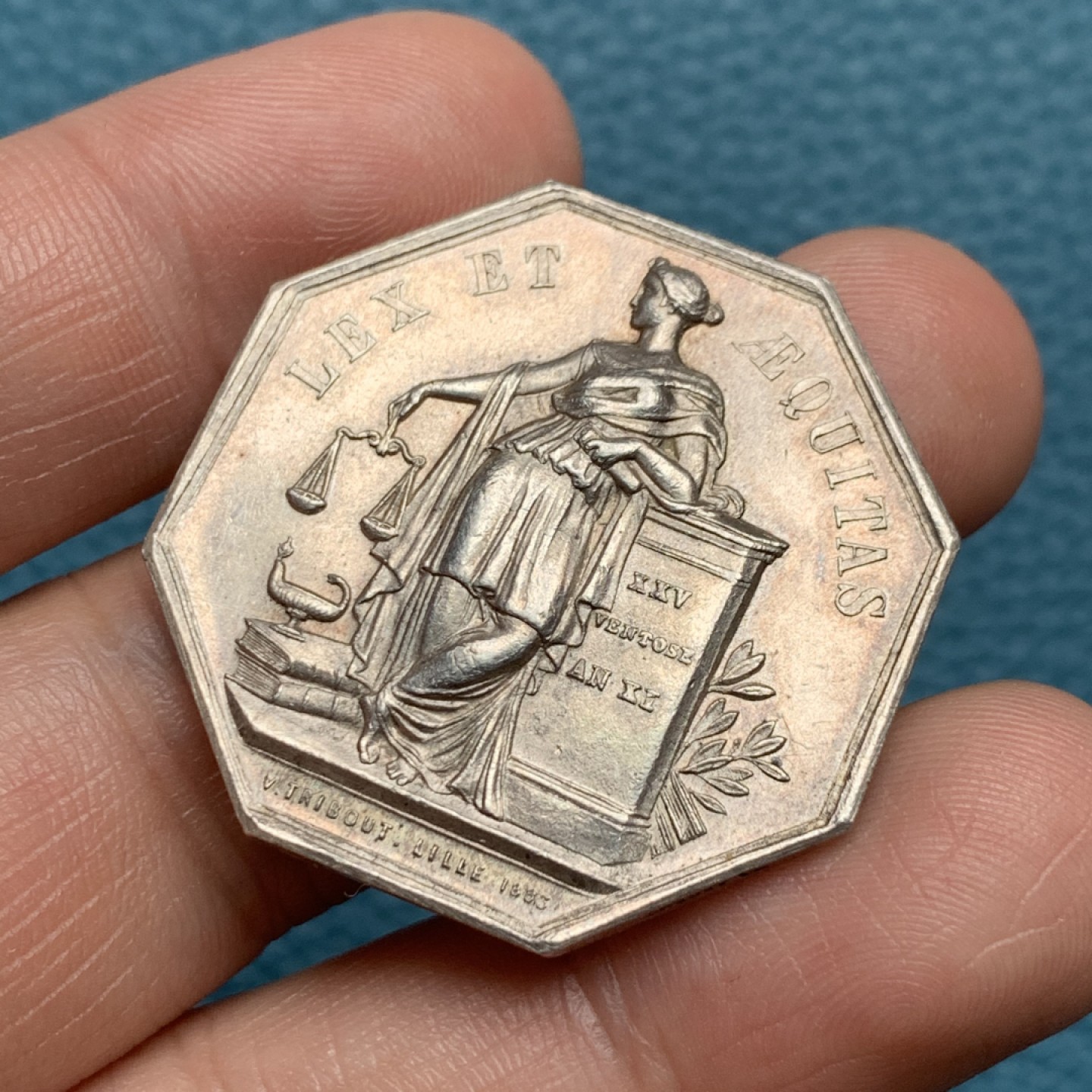 《竞宝斋》第157场-法国八角与章 专场！周日，周一，周四 3场 (全场包邮) 法国八角银质代币，里尔地区公证人，19.43g，34.7mm，丰饶角边铭