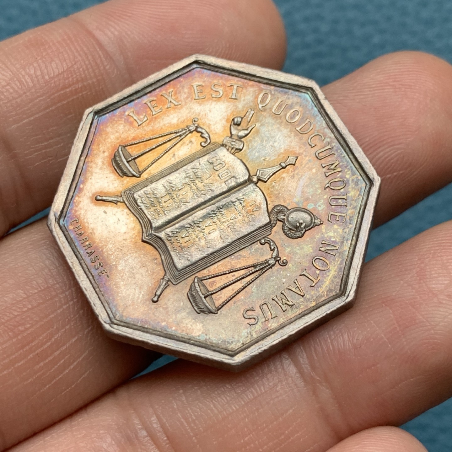 《竞宝斋》第157场-法国八角与章 专场！周日，周一，周四 3场 (全场包邮) 法国八角银质代币，里昂公证人，14.64g，33mm，蜜蜂边铭