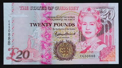 《家喻户晓》世界靓号纸钞第十七期 - 最新版格恩西20镑 首发冠E650（骑冠）第888号 豹子号888 全新UNC