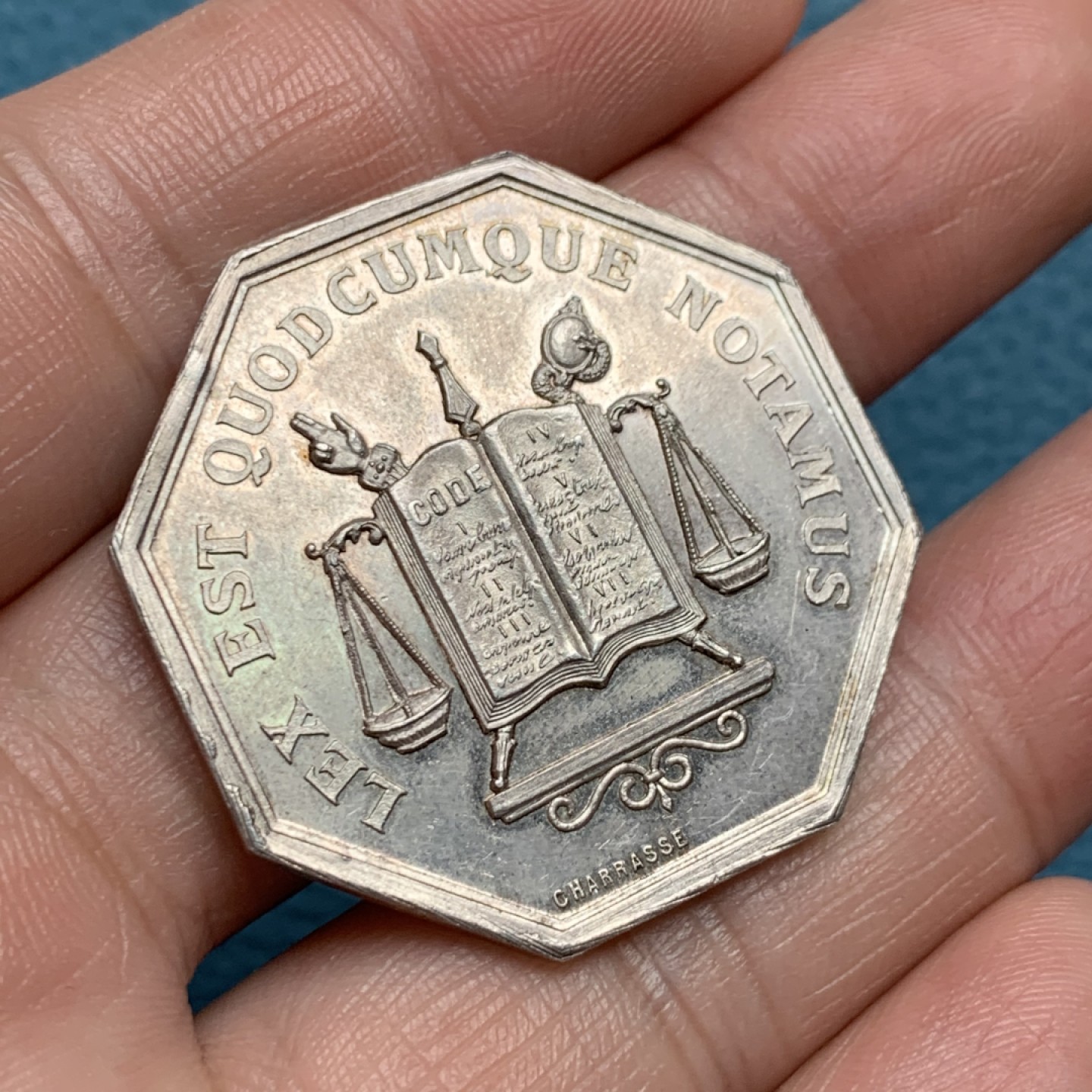 《竞宝斋》第157场-法国八角与章 专场！周日，周一，周四 3场 (全场包邮) 法国八角银质代币，布尔格地区公证人，19.47g，35.8mm，丰饶角边铭