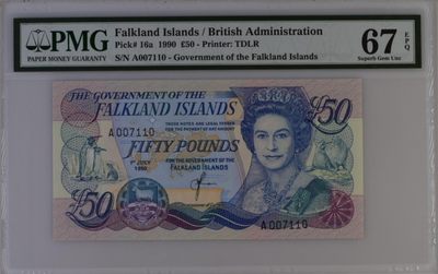 收藏联盟Quantum Auction 第253期拍卖  - 福克兰群岛1990年50镑 PMG67 首发A冠千位号
