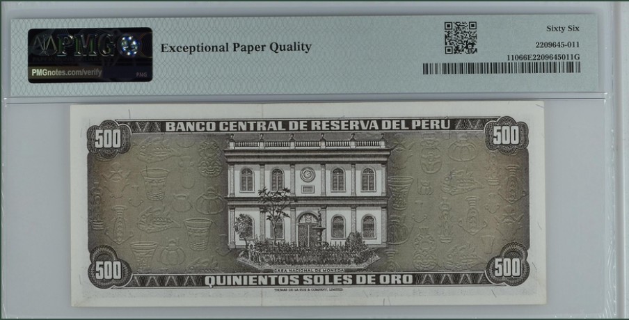 收藏联盟Quantum Auction 第253期拍卖  秘鲁1975年500索尔 PMG66 冠军分 秘鲁总统 尼古拉斯.皮拉罗耶