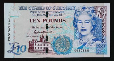 《家喻户晓》世界靓号纸钞第十七期 - 最新版格恩西10镑 G680首发（骑冠） 第888号 圆圆号豹子号888 非常难得 全新UNC