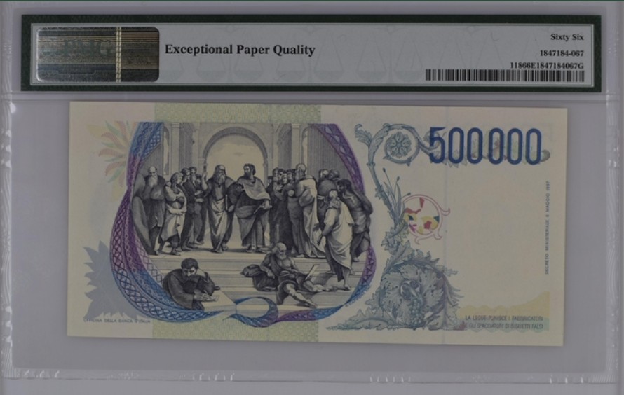 收藏联盟Quantum Auction 第253期拍卖  意大利1997年500000里拉 PMG66 AA冠 绘画大师拉斐尔