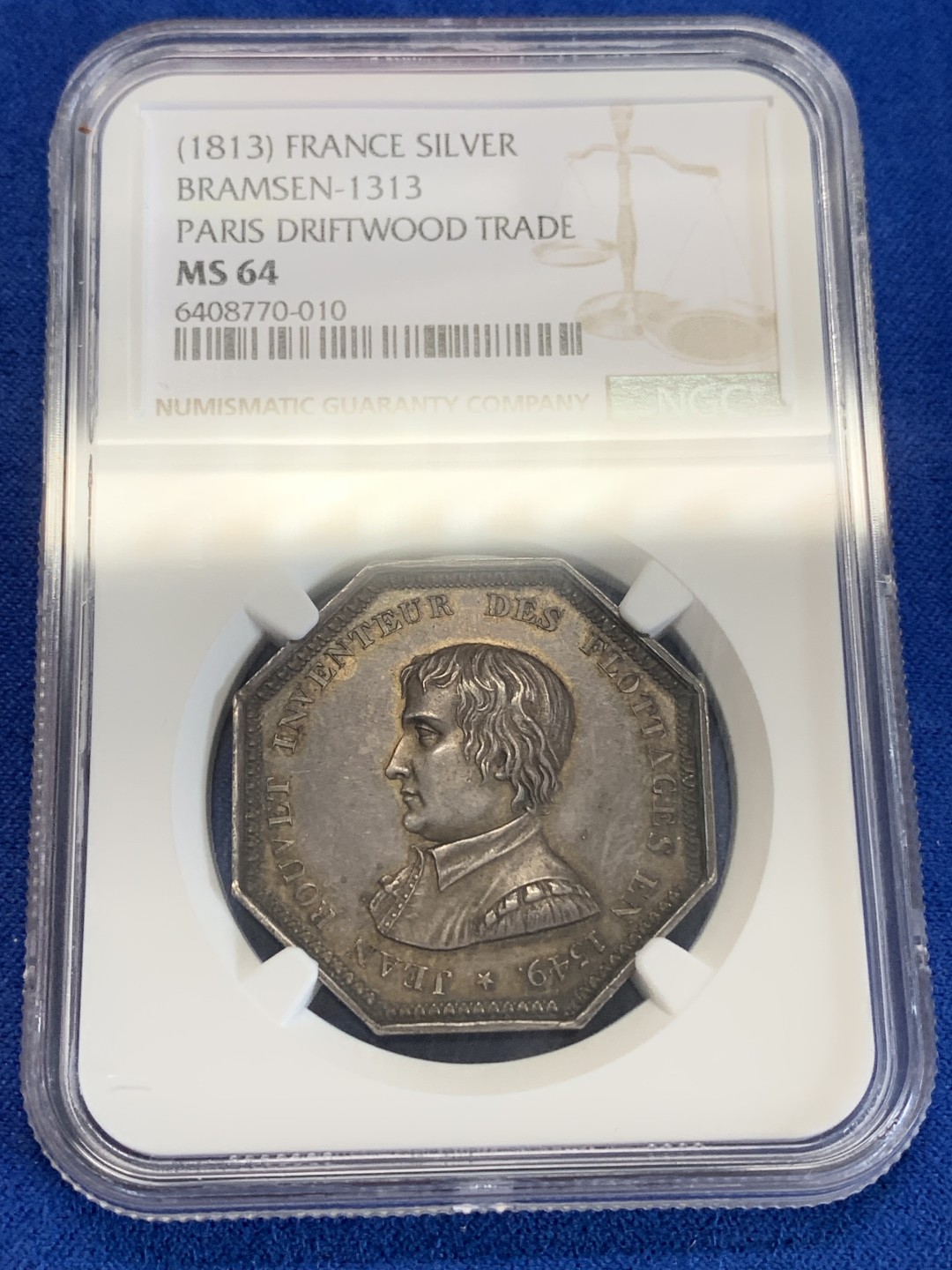 《竞宝斋》第157场-法国八角与章 专场！周日，周一，周四 3场 (全场包邮) NGC-MS64 法国 八角银质代币 浮木运输，正面是浮木运输的发明者让·鲁韦，背面由芦苇和橡树编织成的花环早期特色花边，1832年之前无边铭，底板干净，金黄老包浆