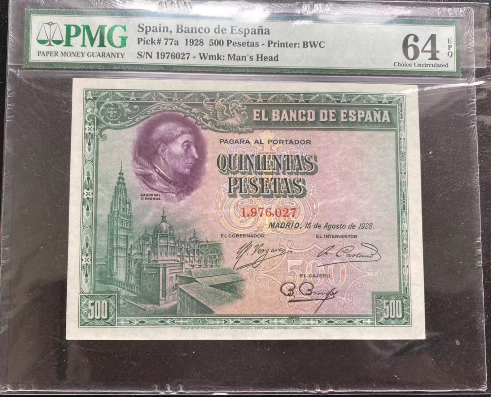 【Blue Auction】✨世界纸币精拍第316期——周日畅拍场 西班牙 1928年500比塞塔 PMG64EPQ 大方块 BWC出品