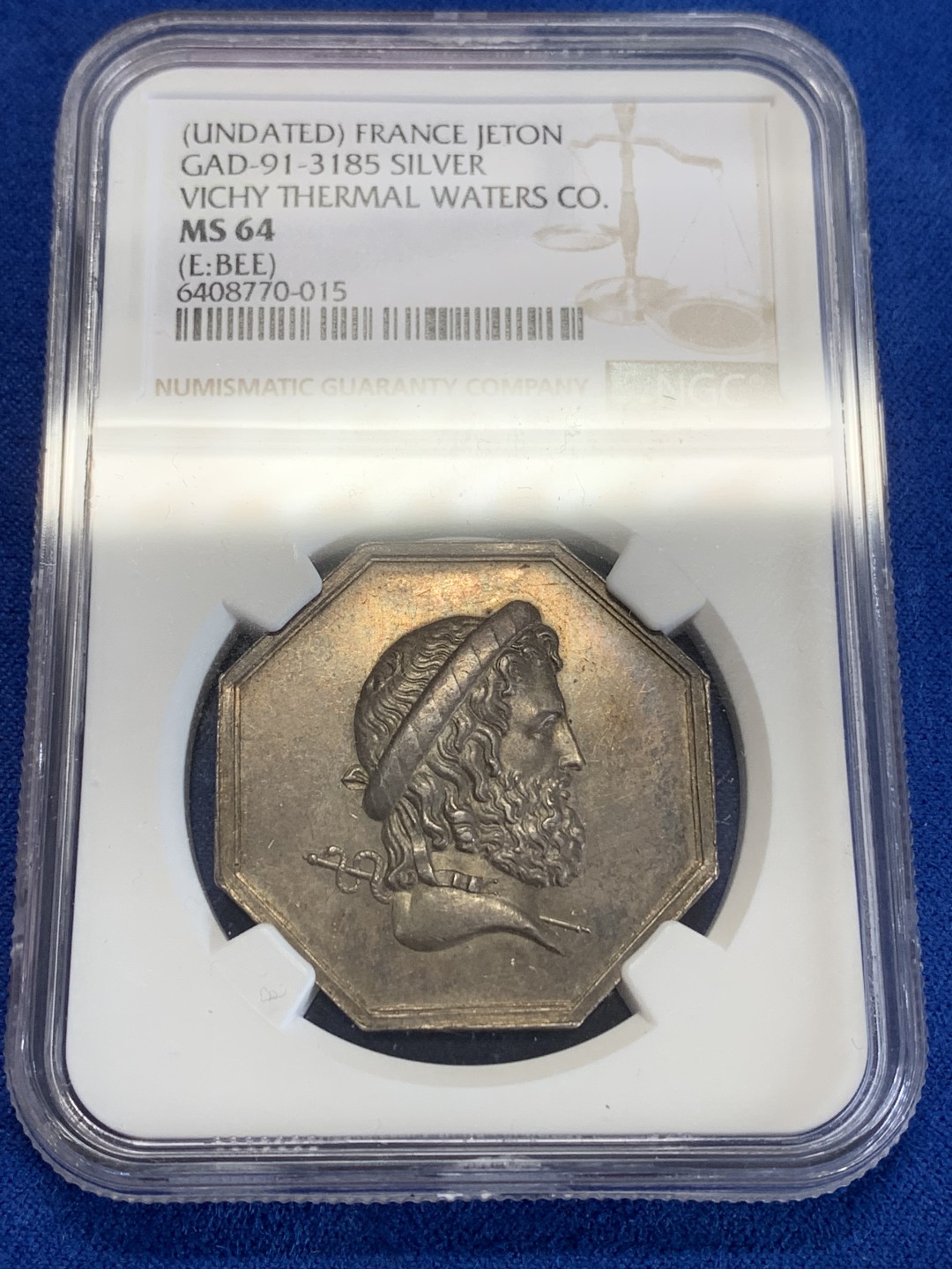 《竞宝斋》第157场-法国八角与章 专场！周日，周一，周四 3场 (全场包邮) NGC-MS64法国八角银质代币,维希医学会，正面是西方医学之父希波克拉底，蜜蜂边铭