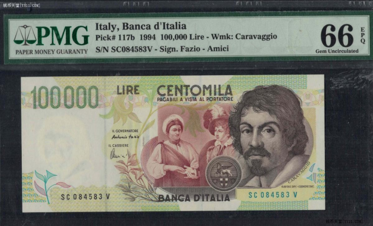 意大利100000里拉(10万里拉) 1994年 P-117b 签名如图 实物图 欧洲币 UNC
