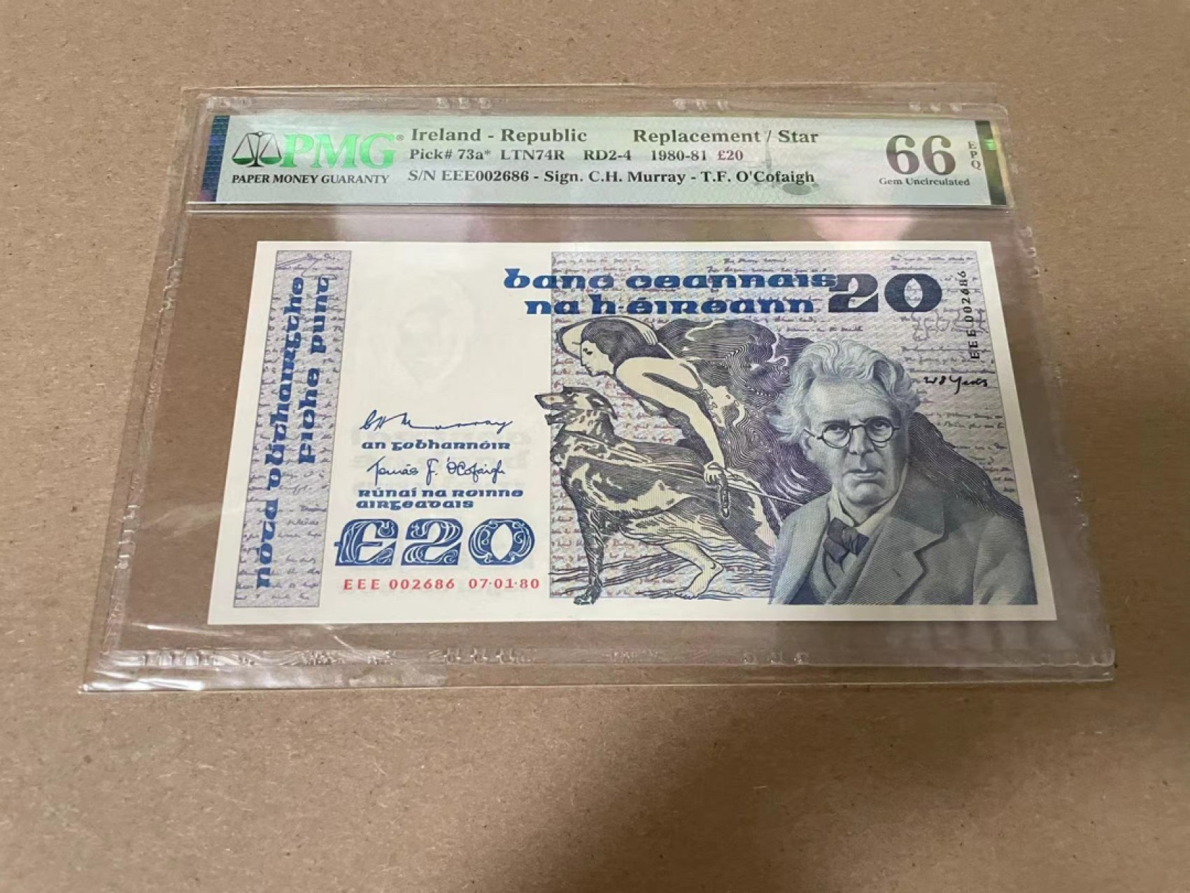 【Blue Auction】✨世界纸币精拍第316期——周日畅拍场 【2686无47 补号唯一冠军分 少见】  爱尔兰 1980年20镑 叶芝 PMG66EPQ  