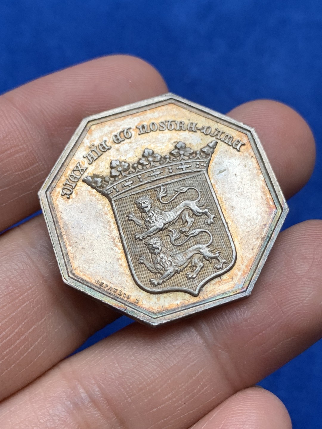 《竞宝斋》第157场-法国八角与章 专场！周日，周一，周四 3场 (全场包邮) 法国八角银质代币，诺曼底保险，15.41g，33.5mm，船首边铭，五彩包浆