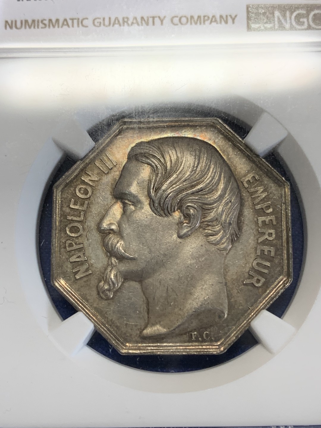 《竞宝斋》第157场-法国八角与章 专场！周日，周一，周四 3场 (全场包邮) NGC-MS63法国八角银质代币，卢瓦尔地区的沙托当公证人，手指边铭，五彩包浆