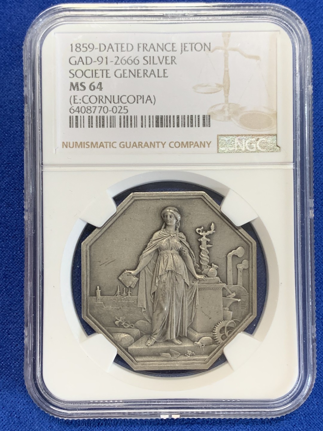 《竞宝斋》第157场-法国八角与章 专场！周日，周一，周四 3场 (全场包邮) NGC-MS64法国八角银质代币，工商信贷银行，丰饶角边铭，细节丰富