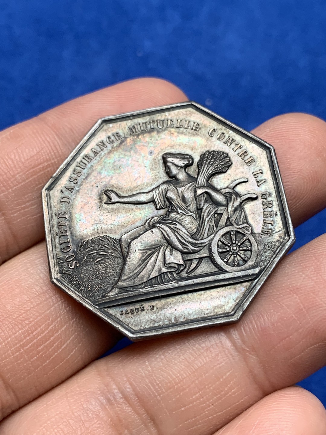 《竞宝斋》第157场-法国八角与章 专场！周日，周一，周四 3场 (全场包邮) 法国八角银质代币，冰雹互助保险，18.96g，36.3mm，手指边铭，五彩包浆