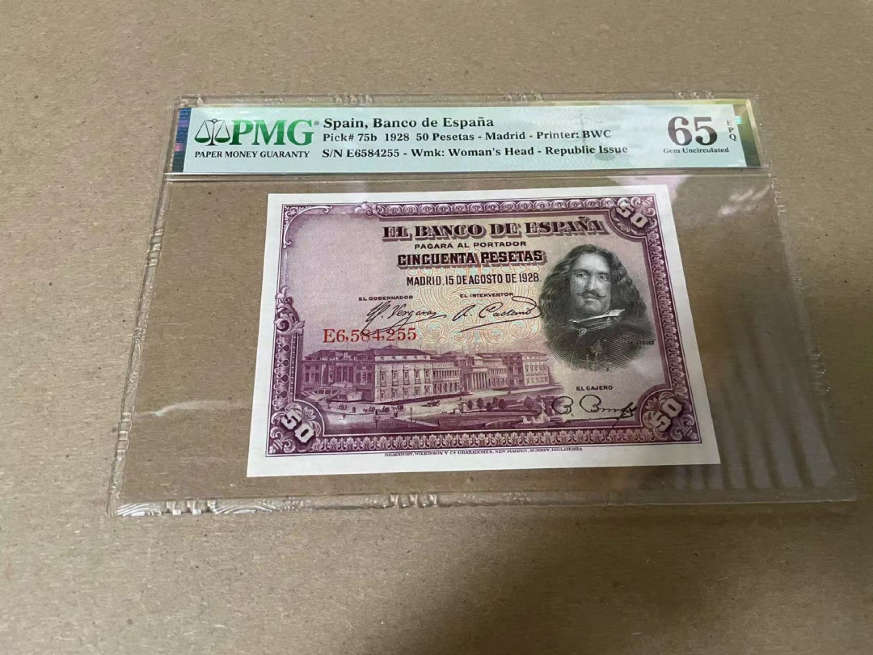 【Blue Auction】✨世界纸币精拍第316期——周日畅拍场 西班牙 1928年50比塞塔 PMG65EPQ BWC出品 雕刻精美