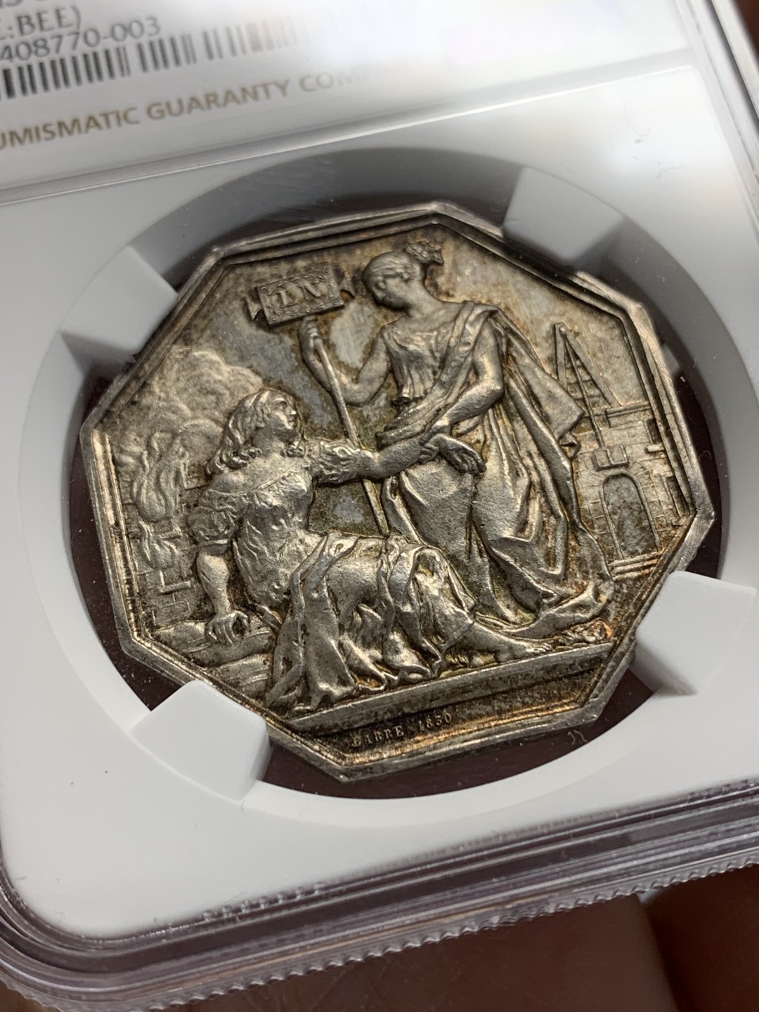 《竞宝斋》第157场-法国八角与章 专场！周日，周一，周四 3场 (全场包邮) NGC-MS64 法国八角银质代币 皇家火灾保险公司，细节丰富，原味包浆，顶级品相，块头很大