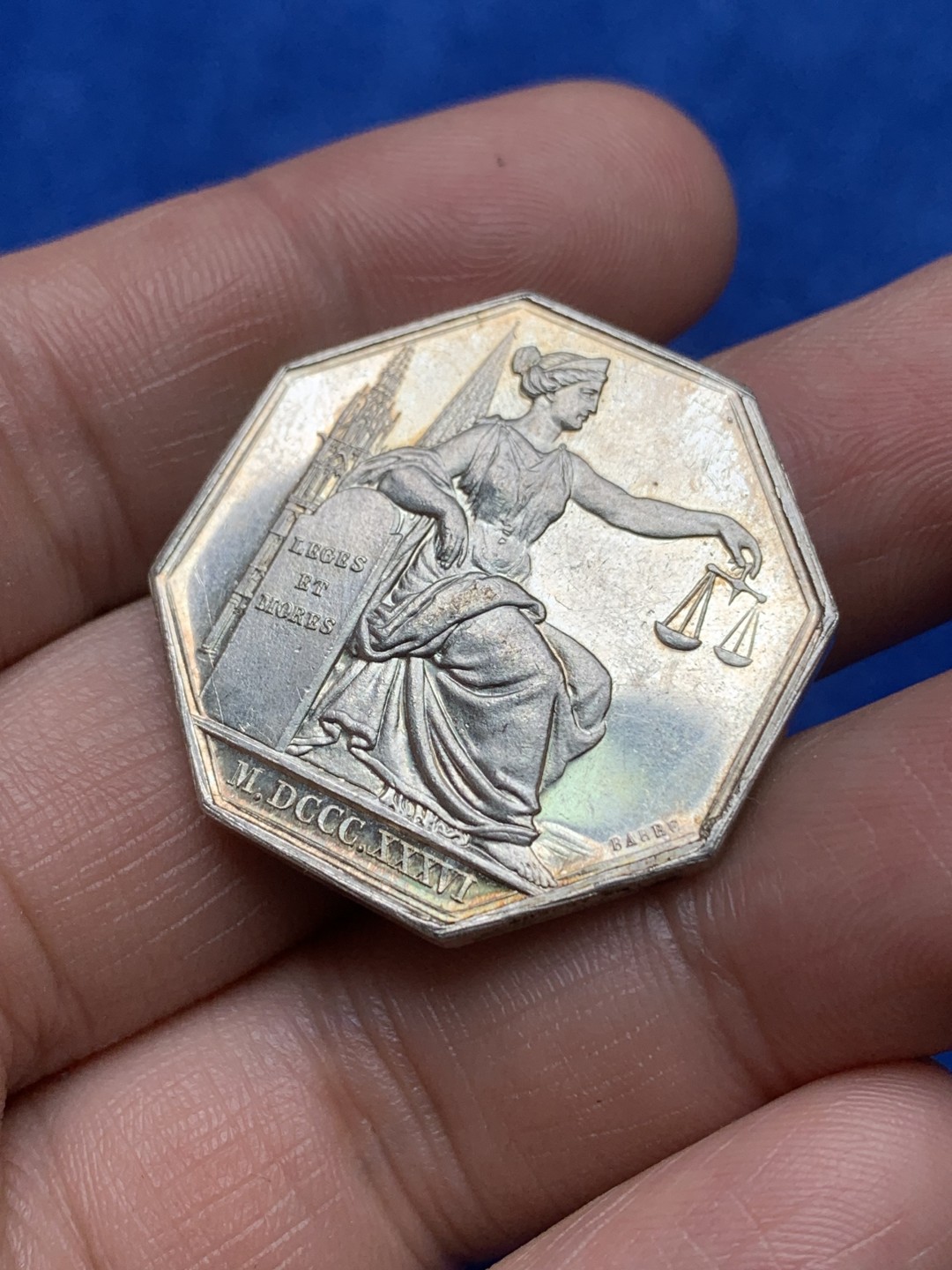 《竞宝斋》第157场-法国八角与章 专场！周日，周一，周四 3场 (全场包邮) 法国八角银质代币，沙特尔公证人，14.36g，31.6mm，丰饶角边铭