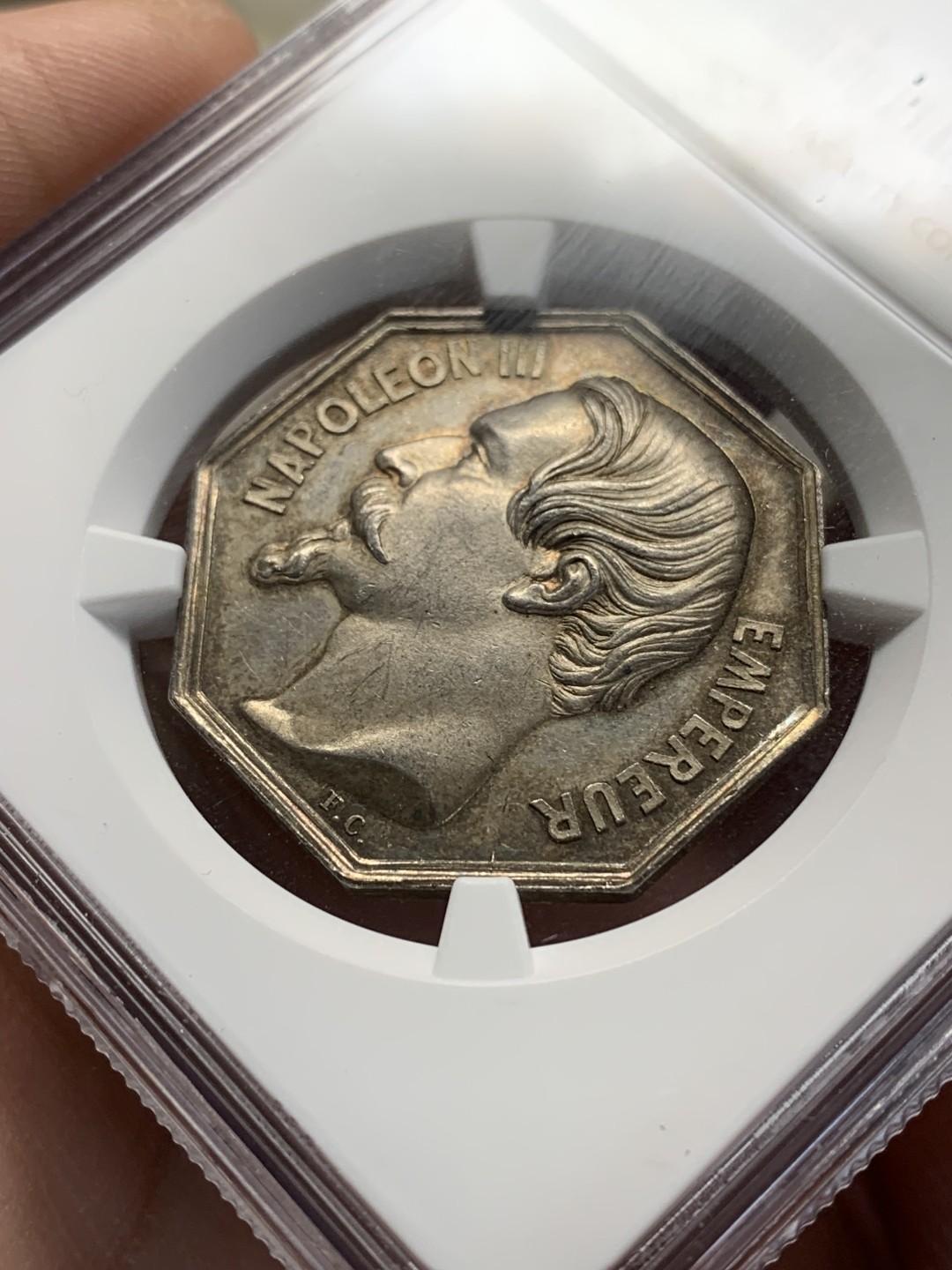 《竞宝斋》第157场-法国八角与章 专场！周日，周一，周四 3场 (全场包邮) NGC-MS63法国八角银质代币，卢瓦尔地区的沙托当公证人，手指边铭，五彩包浆