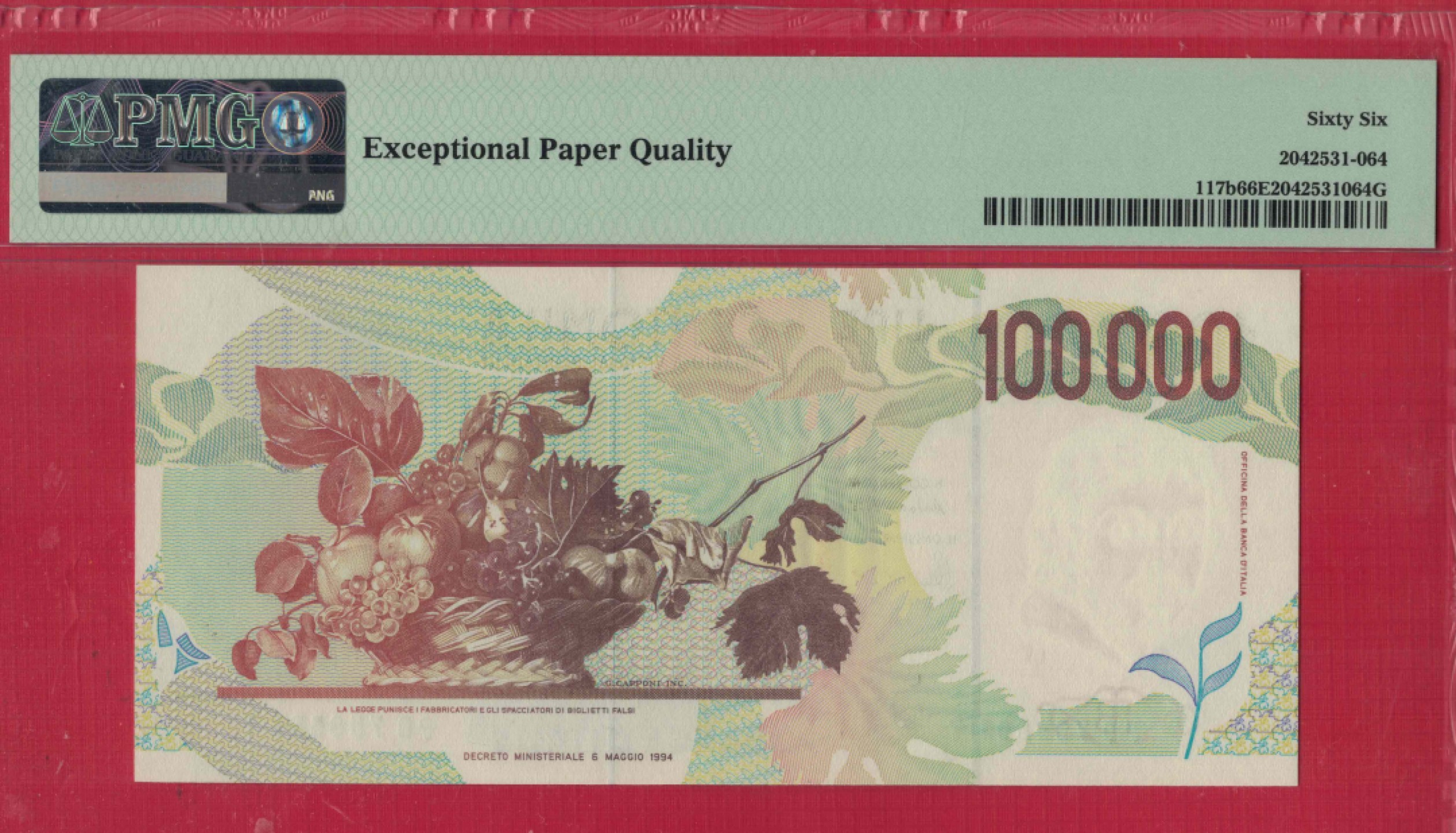 意大利100000里拉(10万里拉) 1994年 P-117b 签名如图 实物图 欧洲币 UNC