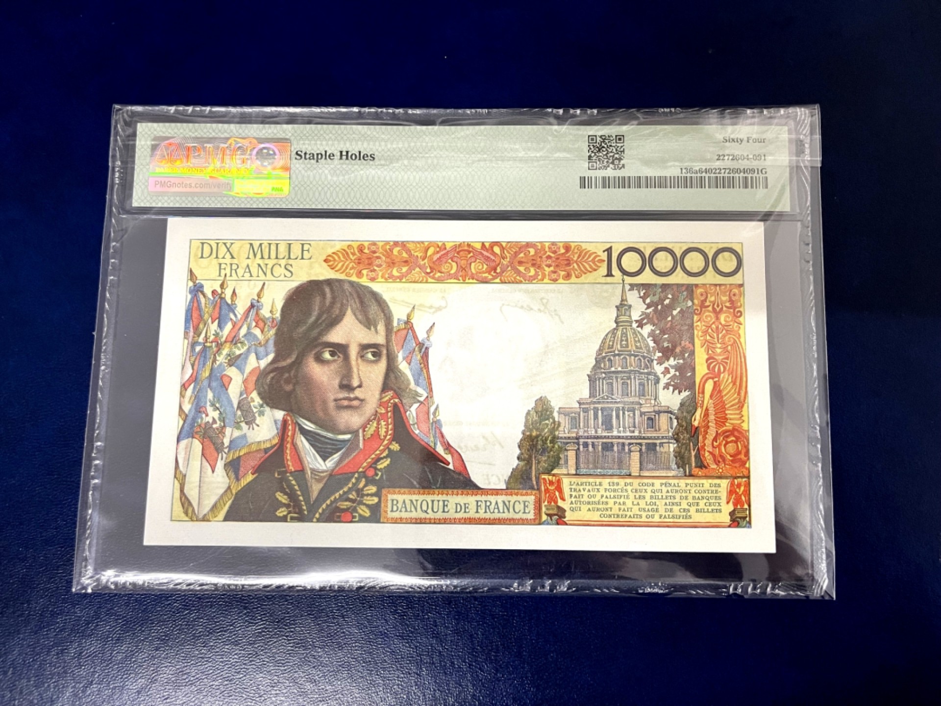 【Blue Auction】✨世界纸币精拍第316期——周日畅拍场 【冠军分 百位小号 p136a较少见】法国 1956年10000法郎 拿破仑 PMG64 顶级分数 